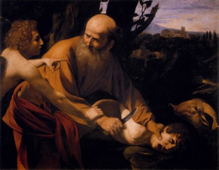 Abrahám se chystá právě podříznout vlastního syna Izáka.